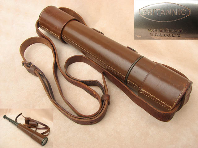 2 draw leather clad telescope signed 'Britannic' by Broadhurst Clarkson & Co. Ltd.